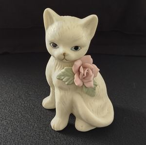 Vintage bisque porcelain cat with capodimonte rose